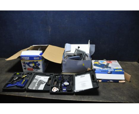 FIVE POWERCRAFT POWER TOOLS including a cutoff saw, two soldering iron kits, a hammer drill (all brand new in box) and an ele