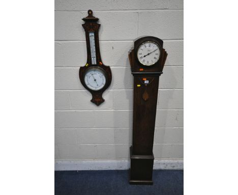 A 20TH CENTURY OAK GRANDDAUGHTER CLOCK, signed Abbey to the face, height 156cm, along with a mahogany barometer (condition re