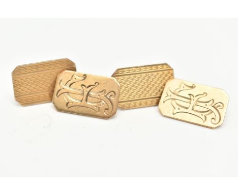 A PAIR OF YELLOW METAL CUFFLINKS, rectangular form cufflinks with chain link fittings, monogram engraving and engine turned p