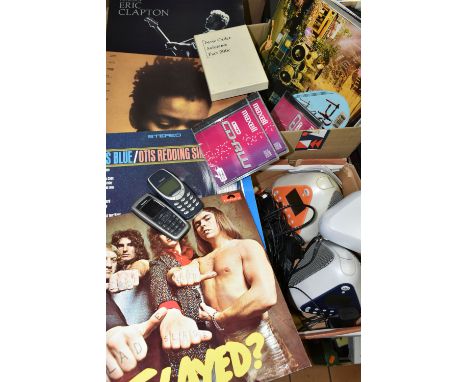 TWO BOXES OF ELECTRICAL ITEMS AND RECORDED MUSIC ETC, music includes New Order 'Substance' cassette boxset, LPs by Tracy Chap