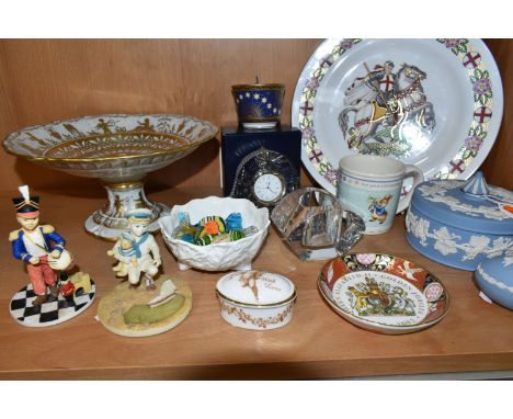 A GROUP OF CERAMICS AND GLASS WARES, to include a Limoges comport, decorated with gilt classical figures and motifs, with ins