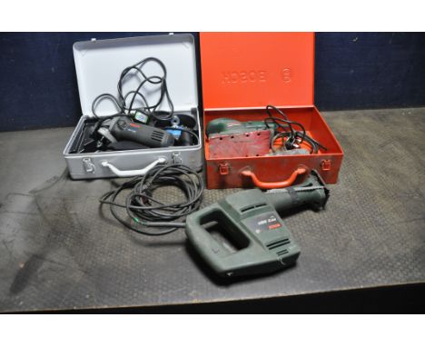 BOSCH POWER TOOLS comprising of a GWS 6-100 angle grinder in metal case, a PSS 240A sander in metal case and a PZF 550 recipr