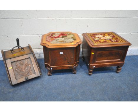 TWO VICTORIAN FLAME MAHOGANY STEP COMMODES, with a needlework top, along with an oak purdonium and shovel (condition report: 