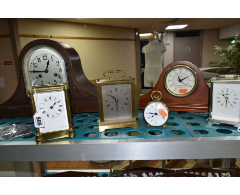 SIX ASSORTED CLOCKS, comprising a brass carriage clock - movement runs briefly, an oak cased mantel clock, brass quartz carri