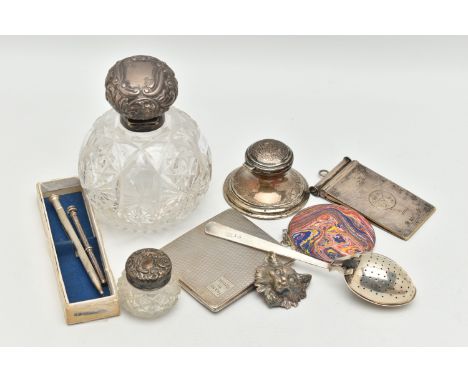 A BOX OF VARIOUS SILVER AND WHITE METAL ITEMS, to include a round glass scent bottle fitted with a hinged domed cover, makers