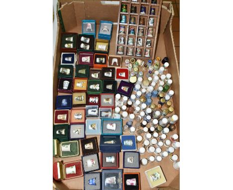 A BOX OF GLASS, CERAMIC AND METAL COLLECTORS THIMBLES, to include forty-three boxed examples, British and Continental example