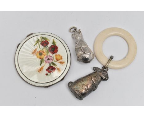 A SILVER GUILLOCHE ENAMEL COMPACT AND A BABY RATTLE, circular compact with engine turned pattern, white guilloche enamel with