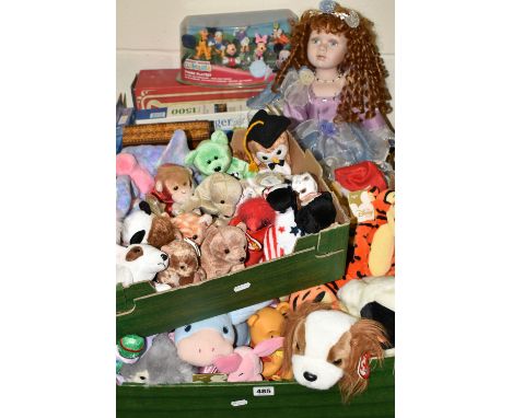 THREE BOXES OF TY BEANIE BABIES, PORCELAIN DOLL AND GAMES, top include a Leonardo Collection porcelain doll 'The Fairy Queen'