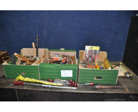 THREE TRAYS CONTAINING HAND TOOLS including upholsters hammer, brick, ball pein, pin hammers, axes, screwdrivers, four types 