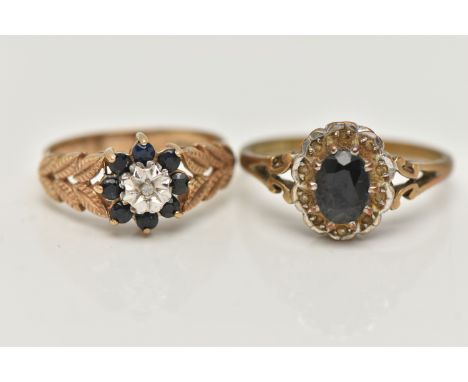 TWO GEM SET RINGS, the first an oval cut sapphire with a diamond set scalloped surround, yellow gold shank, hallmarked 9ct Bi