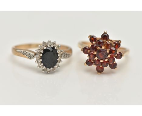 TWO GEM SET RINGS, the first a garnet cluster, prong set in yellow gold, hallmarked 9ct London, ring size K, together with a 