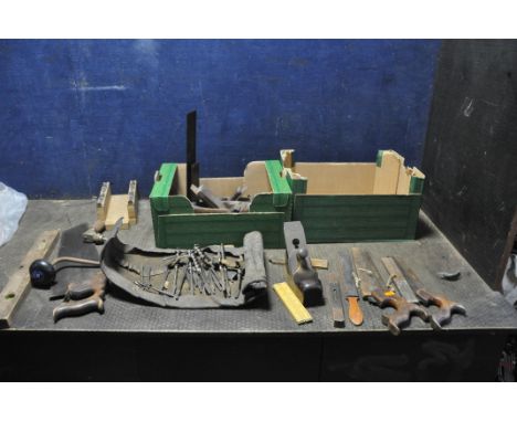 TWO TRAYS CONTAINING CARPENTRY TOOLS including a vintage Spiers steel footed plane, two back saws (one by Groves and sons), a