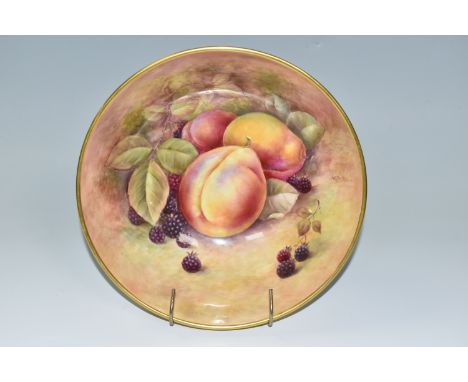 A COALPORT Large Footed Hand painted Fruit Bowl, signed R Budd (Richard Budd), decorated with plums and blackberries, sticker