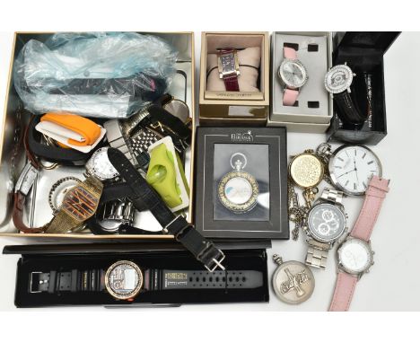 A TIN OF ASSORTED WRISTWATCHES, to include a boxed 'Butler &amp; Wilson' quartz, paste set bezel wristwatch on a black strap,