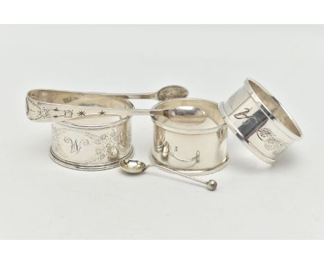 FIVE PIECES OF SILVER, to include a pair of silver sugar tongs, hallmarked 'Cooper Brothers &amp; Sons Ltd' Sheffield, three 