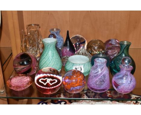 A COLLECTION OF CAITHNESS GLASS PAPERWEIGHTS AND GLASSWARE, comprising 'Momentum', a 'Luckenbooth' millefiori hearts' paperwe