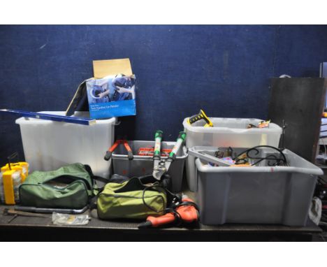 FOUR BOXES CONTAINING AUTOMOTIVE AND HOUSEHOLD TOOLS including a Black and Decker drill, a Woolworths car polisher (both PAT 