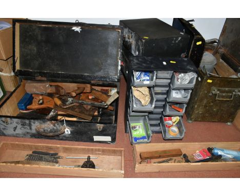 A GROUP OF TOOL CHESTS AND TOOLS, to include four wooden tool boxes and similar cases, a small metal trunk, a wooden brass co