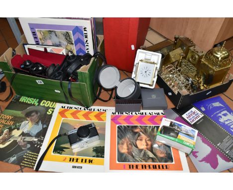 TWO BOXES AND LOOSE SUNDRY ITEMS ETC, to include a light brown fur jacket, Tasco 10x42 binoculars - chipped lens, Visionary 8