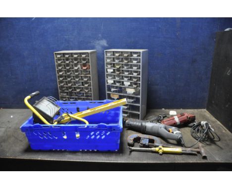 A TRAY CONTAINING TOOLS AND TWO SCREW CADDIES including a Titan Reciprocating saw, a (possibly) Perles angle grinder (both PA