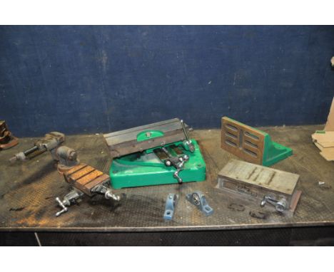 A SELECTION OF LATHE, MILLING AND ENGINEERING TOOLS including a vintage cast iron rotating  milling slide, a two axis lathe c