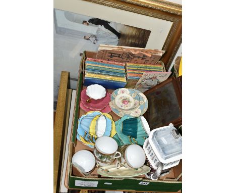 A BOX AND LOOSE CERAMICS, LADYBIRD BOOKS AND PICTURES ETC, to include Royal Stuart Harlequin cups, saucers and cake plates, E