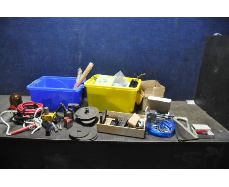 TWO TRAYS CONTAINING TOOLS AND ACCESSORIES including three lathe clocking discs, a Palmgren Angle vice in box, various Swiss 