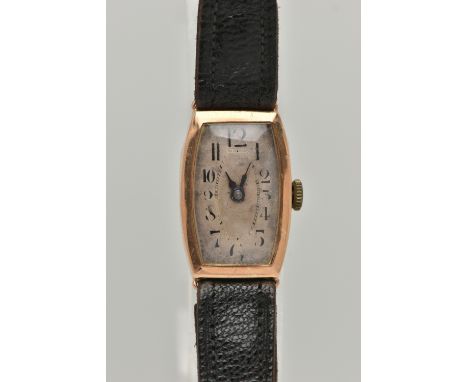 A LADIES EARLY 20TH CENTURY 9CT GOLD WRISTWATCH, manual wind tank watch, silvered dial, Arabic numerals, blue steel hands, wi
