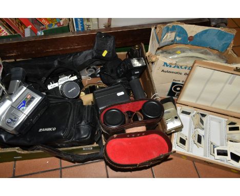 A BOX AND LOOSE PHOTOGRAPHIC AND OPTICAL EQUIPMENT, to include a Pentax K1000 fitted with a Prinzflex f2.8 135mm lens,  cased