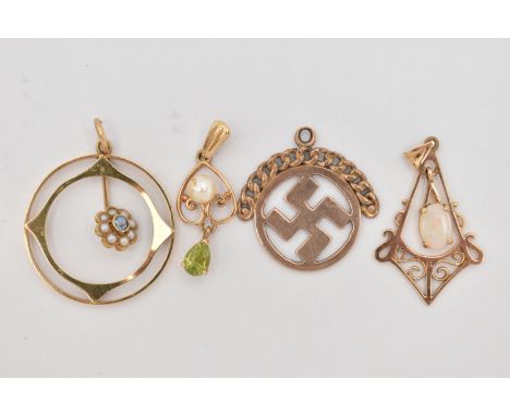 FOUR 9CT GOLD PENDANTS, to include an early 20th century circular pendant suspending a central sapphire and split pearl flora