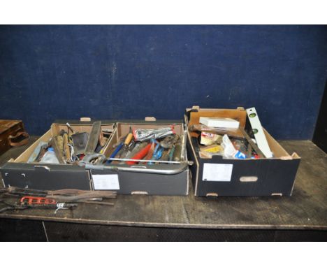 THREE TRAYS CONTAINING HAND TOOLS including blacksmithing tongue, ladles, hammers, hacksaws and blade, vintage brass garden s