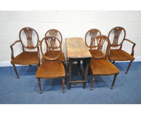 A 20TH CENTURY OAK BOBBIN TURNED GATE LEG TABLE, along with a set of six splat back dining chairs, including two carvers (con