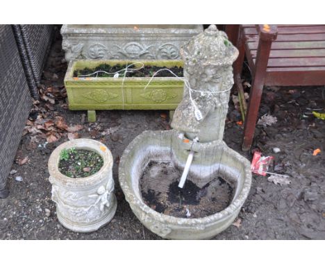 A MODERN COMPOSITE WATER PUMP STYLE WATER FEATURE with barrel effect bowl(crack to bowl) and a small planter (2)