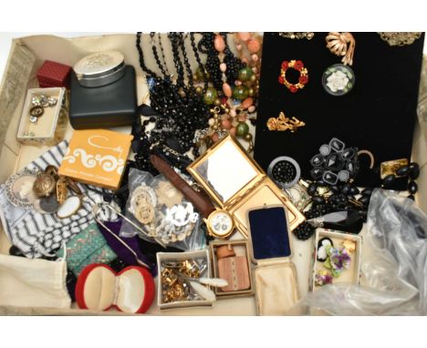 A BOX OF ASSORTED COSTUME JEWELLERY AND ITEMS, to include a black suede display stand with attached costume brooches, beaded 