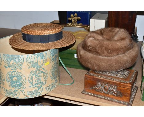 A BOX AND LOOSE BOXES, HATS AND SUNDRY ITEMS, to include a wooden box with copper foliate decoration, mythical scene and putt