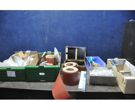 THREE TRAYS CONTAINING TOOLS, SANDING SHEETS AND ROLLS, including Imperial bolts and nuts, pop rivets, flap and polishing whe