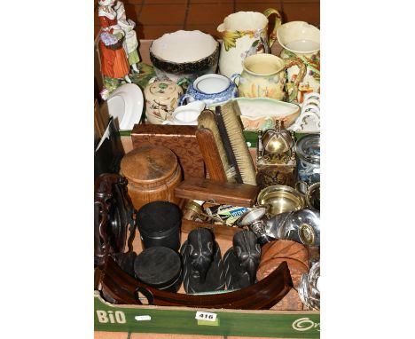 TWO BOXES OF CERAMICS AND ORNAMENTS, to include a Murano glass bottle stopper, a Smiths brass electric lantern clock, a Royal
