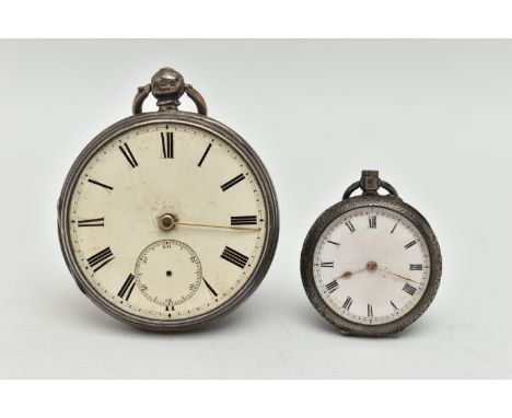 TWO SILVER POCKET WATCHES, the first AF, key wound, open face pocket watch, round white dial, Roman numerals, subsidiary dial