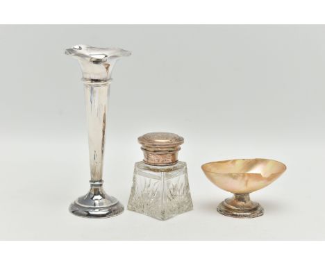 THREE ITEMS OF SILVER, to include an early 20th century tapered posy vase, on a round weighted base, hallmarked 'James Deakin