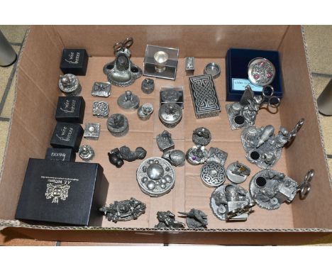 A BOX OF ORNAMENTAL PEWTER ITEMS ETC, to include a boxed Celtic trinket box, boxed A.E. Williams teddy bear sewing accessory 