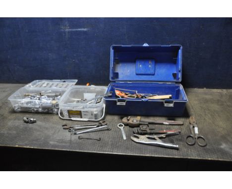 A TOOLBOX AND TWO  TRAYS CONTAINING AUTOMOTIVE TOOLS including spanners, sockets by Draper, Britool, Bedford, pennant, etc, S