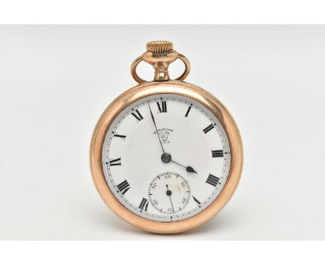 A ROLLED GOLD OPEN FACE POCKET WATCH, manual wind, round white dial signed 'Keystone U.S.A', Roman numerals, subsidiary dial 