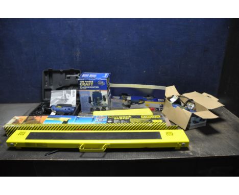 FIVE POWER CRAFT POWER TOOLS and two Workzone folding workshop stands, tools include a Plunge router, omnisaw and two grinder