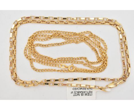 TWO 9CT GOLD CHAINS, the first a box link chain fitted with a lobster clasp, hallmarked 9ct Sheffield, length 500mm, the seco