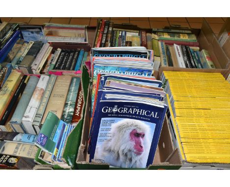 SEVEN BOXES OF BOOKS, MAPS &amp; MAGAZINES containing  over eighty-five book titles in hardback and paperback formats, mostly