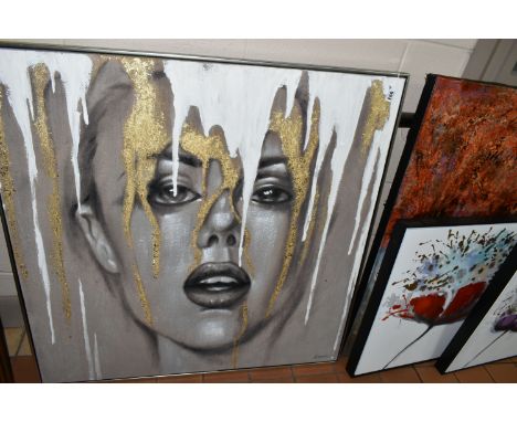FOUR PIECES OF MODERN DECORATIVE WALL ART, comprising an embellished box canvas portrait of a female figure signed G. Rossi, 