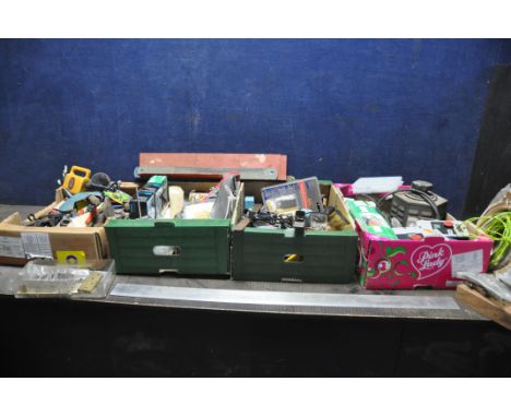 FOUR TRAYS CONTAINING TOOLS, ACCESSORIES, ELECTRICAL SWITCHES ETC including needle files, Three MEM switch boxes, split pins,