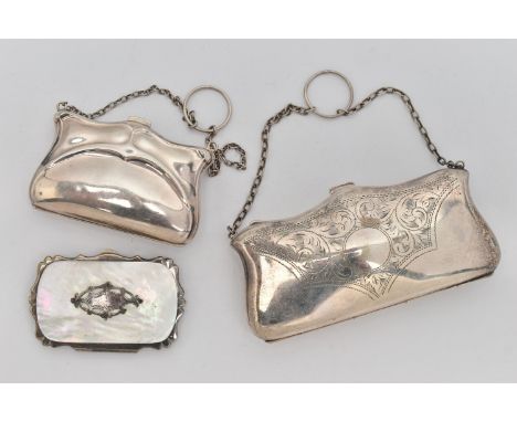 A SILVER COIN PURSE AND TWO OTHERS, an early 20th century silver Art Nouveau pattern purse, hallmarked 'E J Trevitt &amp; Son