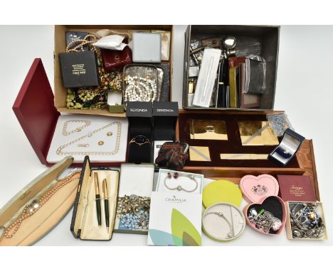 A BOX OF ASSORTED COSTUME JEWELLERY, to include a boxed 'Chamilia' snake bracelet with one paste charm, clasp stamped 925, an