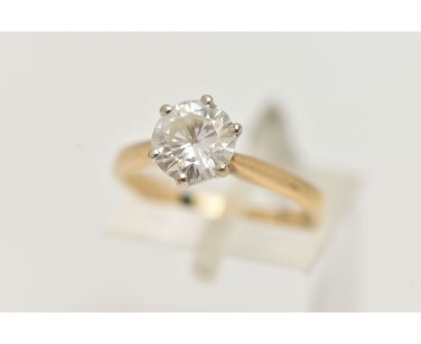 A 9CT GOLD MOISSANITE RING, the brilliant cut moissanite in a six claw setting, with 9ct hallmark, ring size K, approximate w